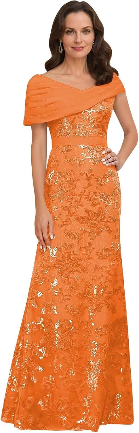 Lace Sequin Mother of The Bride Dresses for Women Long Mermaid Off The Shoulder Formal Evening Dress with Sleeves