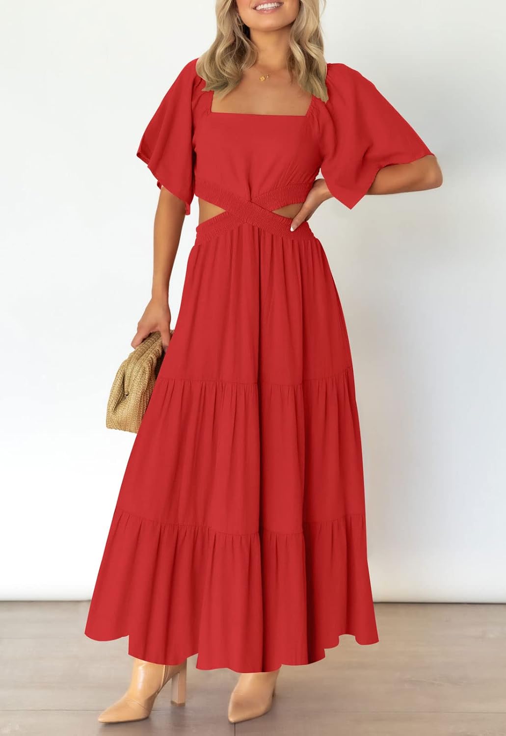 LEANI Women's 2025 Summer Cutout Maxi Dress Square Neck Short Sleeve Crossover Waist Casual Party Dresses
