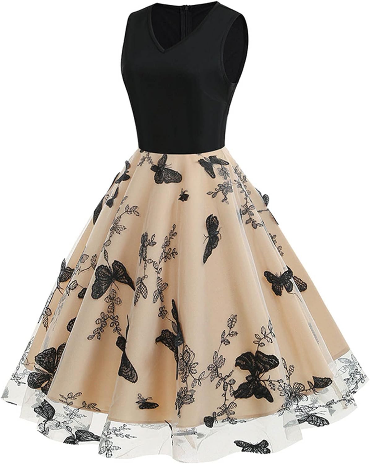 HGps8w Vintage Cocktail Dress for Women, Elegant Butterfly Embroidered Lace V Neck Sleeveless A-Line Party Swing Dresses