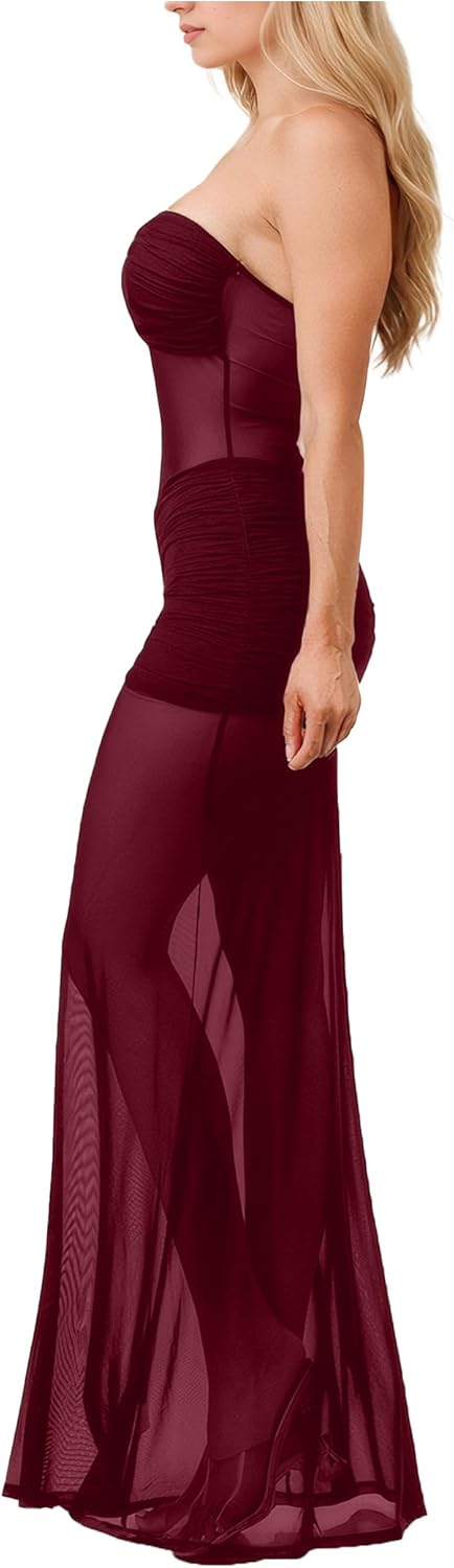 Women’s See Through Mesh Maxi Dress Sweatheart Neck Patchwork Slim Fit Night Out Seaside Long Dresses