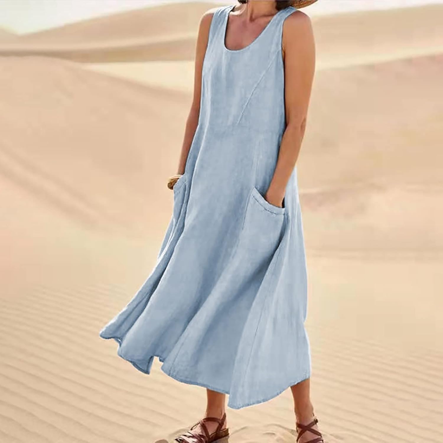 Women's Casual Sleeveless Dresses, Cotton Linen Pocket Dresses Summer Dresses for Women 2024 Sundresses Beach Dress