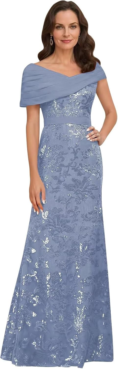 Lace Sequin Mother of The Bride Dresses for Women Long Mermaid Off The Shoulder Formal Evening Dress with Sleeves