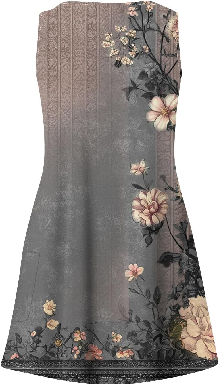 Women's Sleeveless Floral Print Summer Dress Casual V-Neck A-Line Mini Dress for Beach Party and Daily Wear