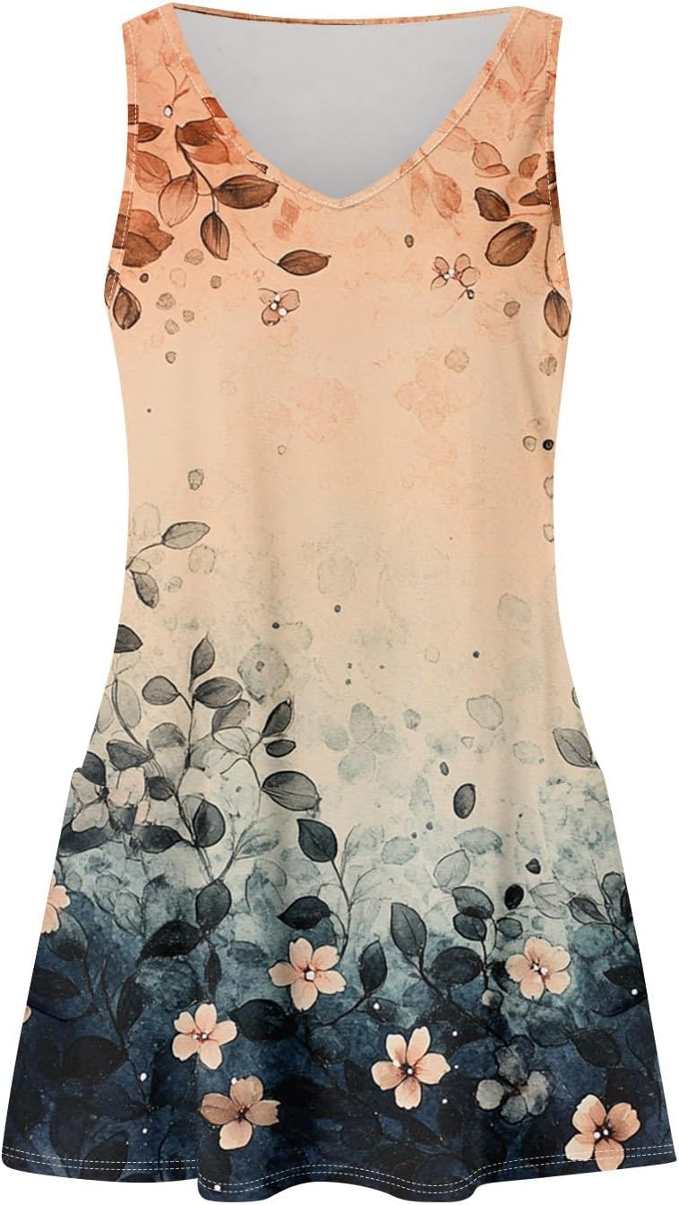 Women's Sleeveless Floral Print Summer Dress Casual V-Neck A-Line Mini Dress for Beach Party and Daily Wear