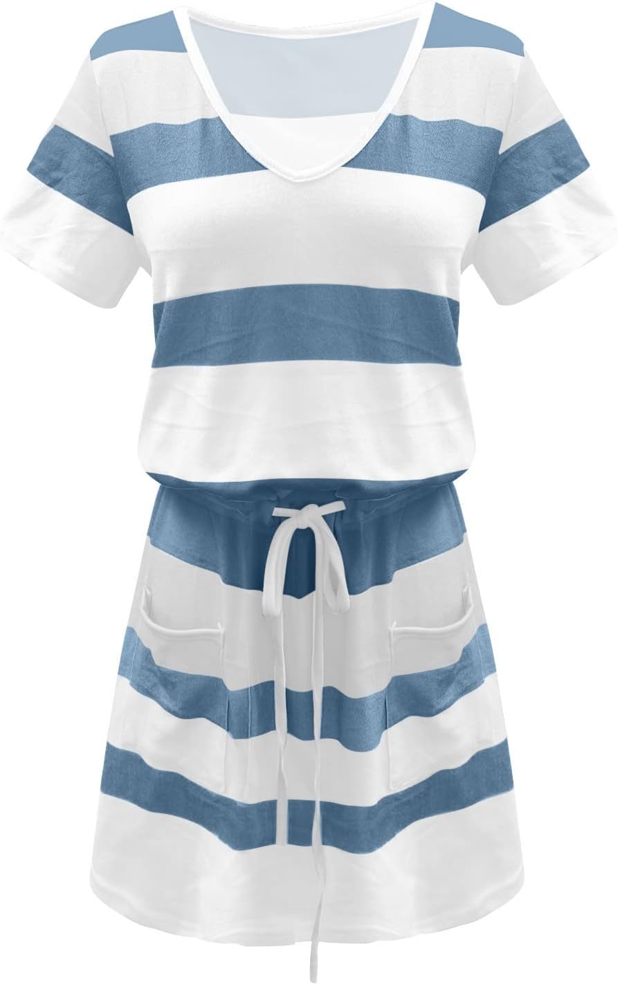 Women Summer Casual Striped Dress Drawstring Waist Tie Knot Mini Dresses Short Sleeve V Neck Tank Dress with Pocket
