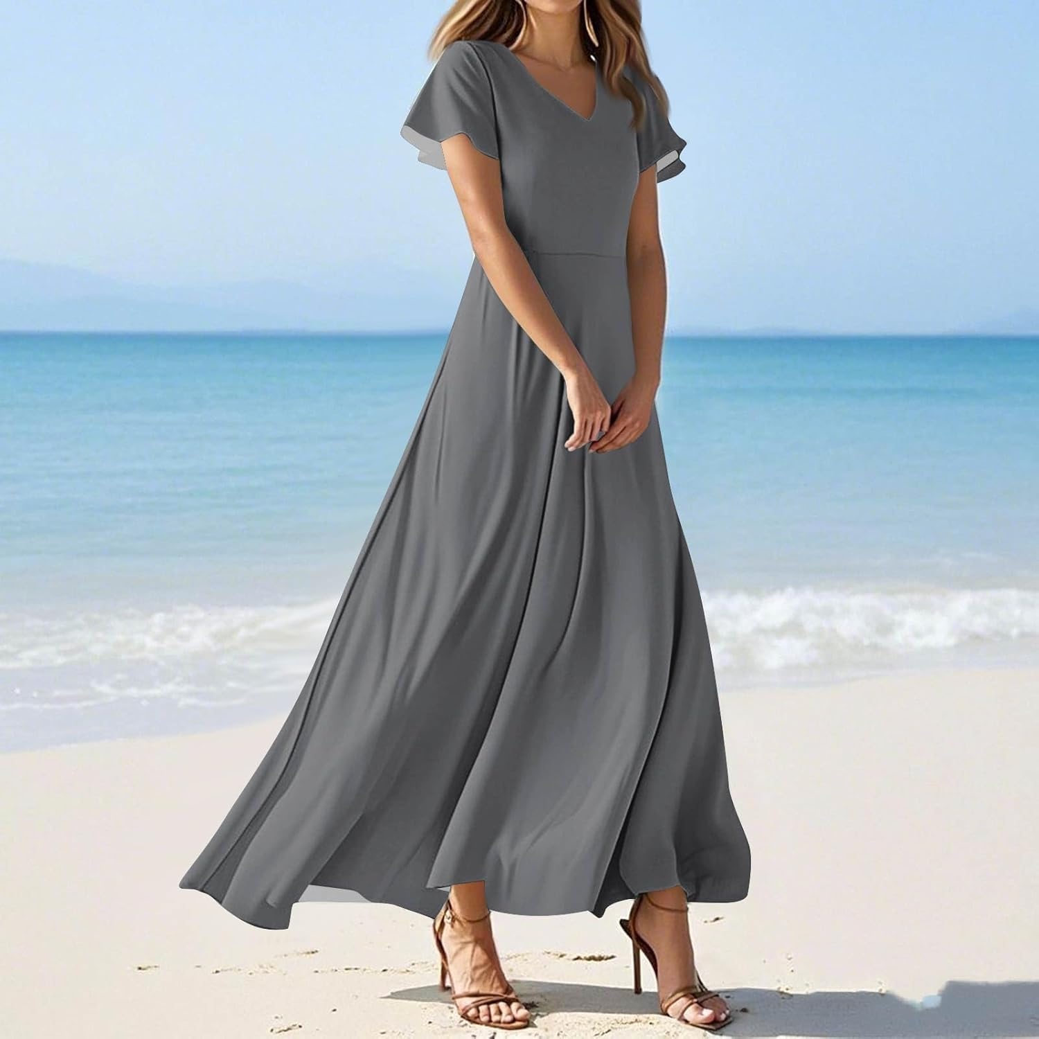 Womens Fashion V Neck Ruffle Short Sleeve Maxi Dress 2025 Summer Elegant Solid Color Flowy A Line Dresses