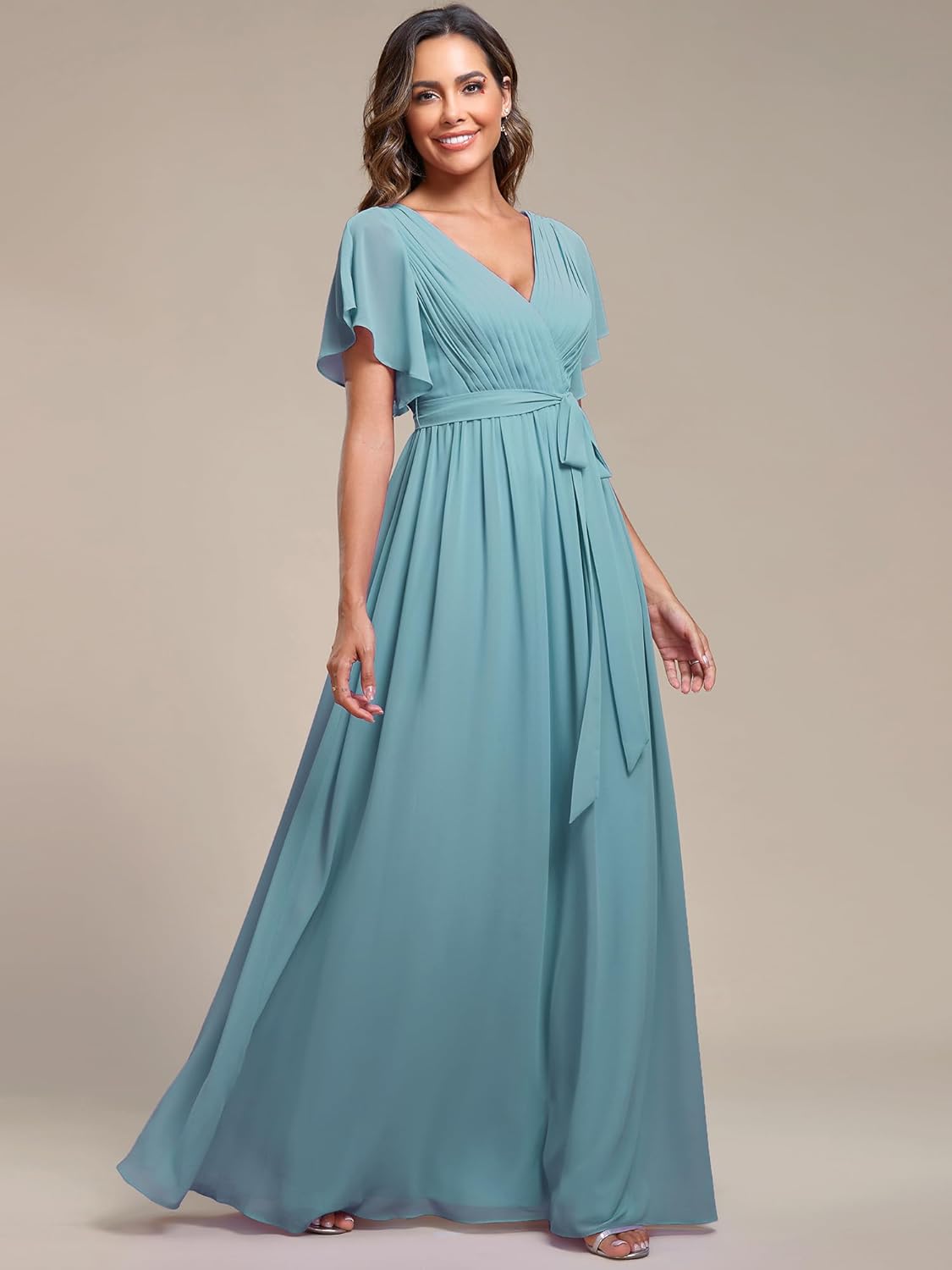 Ever-Pretty Women's Bridesmaid Dress V-Neck Ruffle Sleeves Ruched Bust Floor Length Chiffon Formal Dresses 0164A