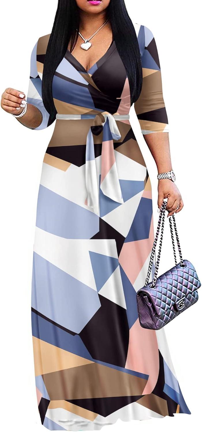 FANDEE Plus Size Maxi Dress for Women Casual Summer Sundress V-Neck 3/4 Sleeve