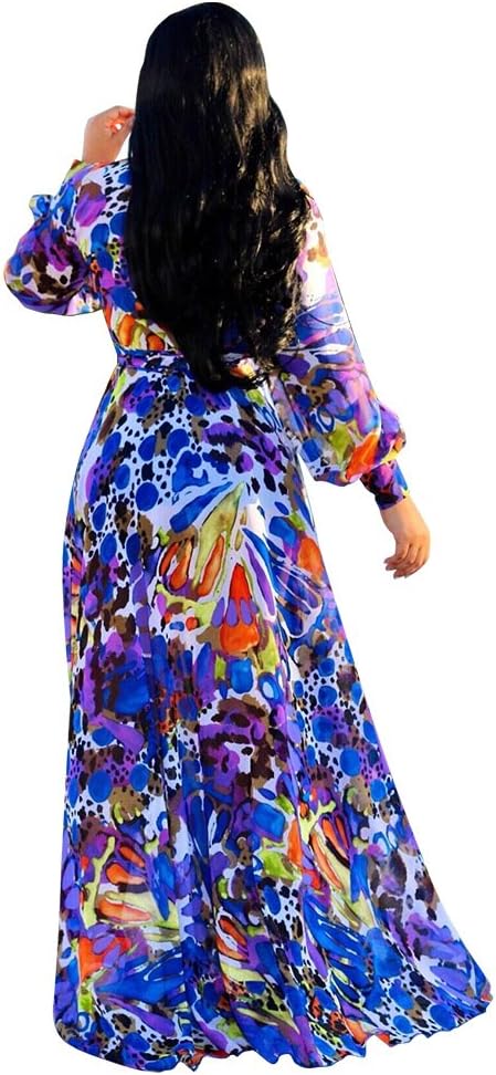 Nuofengkudu Womens Chiffon Deep V-Neck Stripe Printed Maxi Dress Unique Loose Summer Boho Dresses High Waiste(S-5XL)