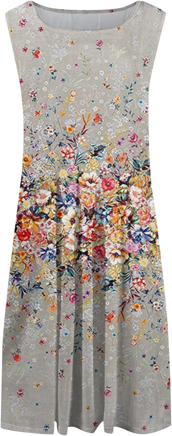 Womens Tank Sundress 2025 Casual Floral Print Tshirt Dress Swing Sleeveless Midi Dress Crewneck Pleated Summer Dresses