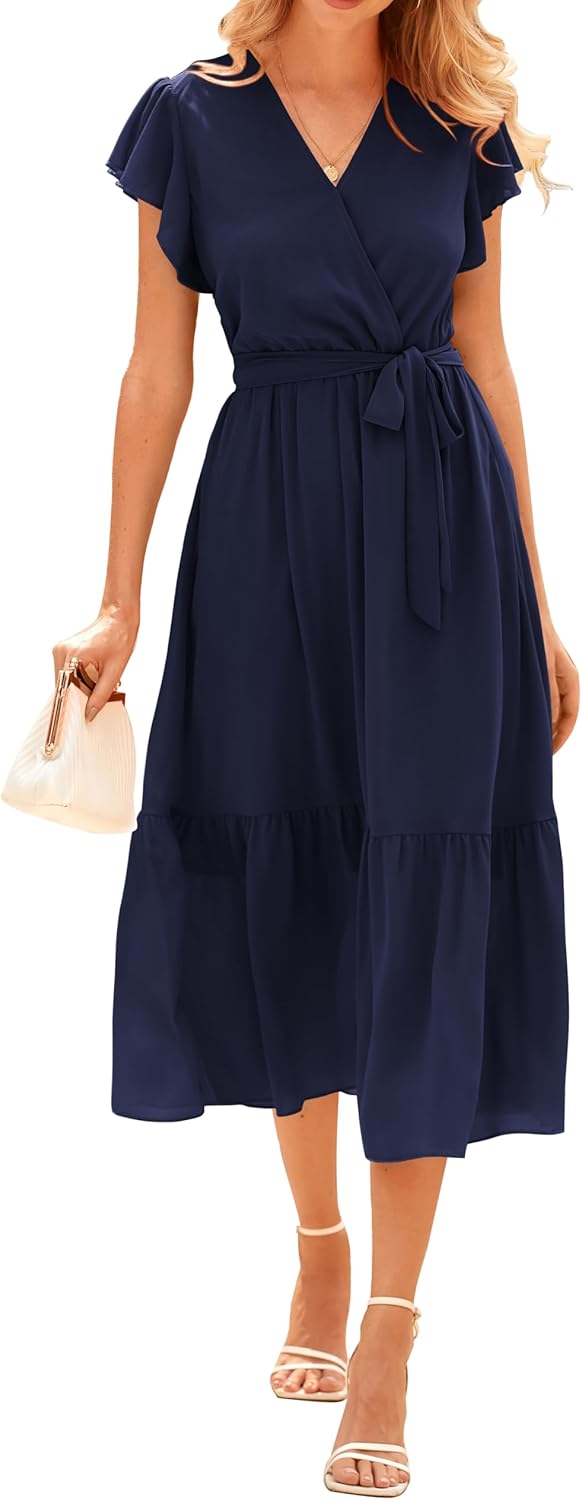 BTFBM Women Summer Bohemian Floral Casual Wrap V Neck Ruffle Cap Sleeveless Belt A-Line Pleated Hem Midi Sun Dress White