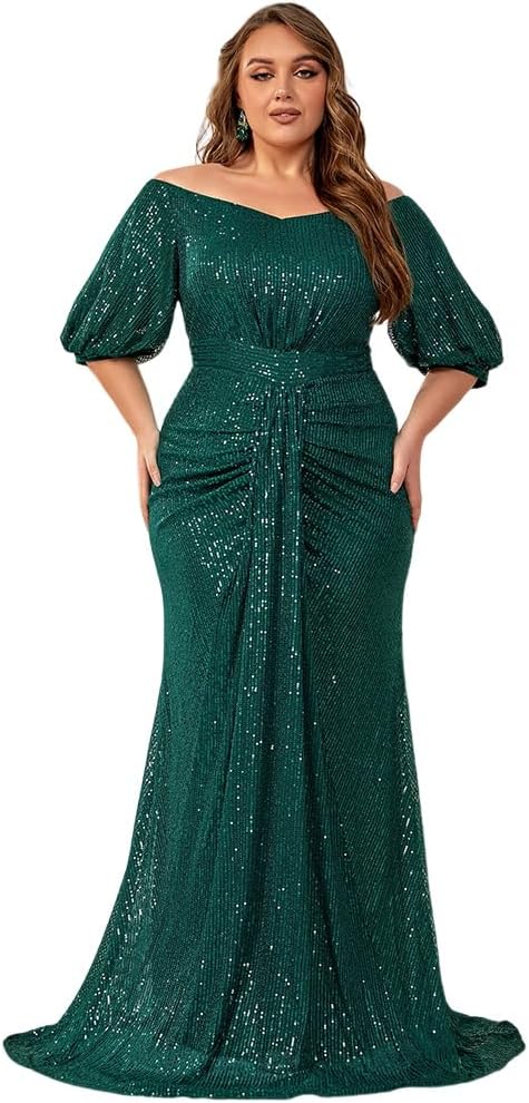 Women's Plus Size Off Shoulder Puff Sleeve Sequin Formal Maxi Dress Evening Party Gowns