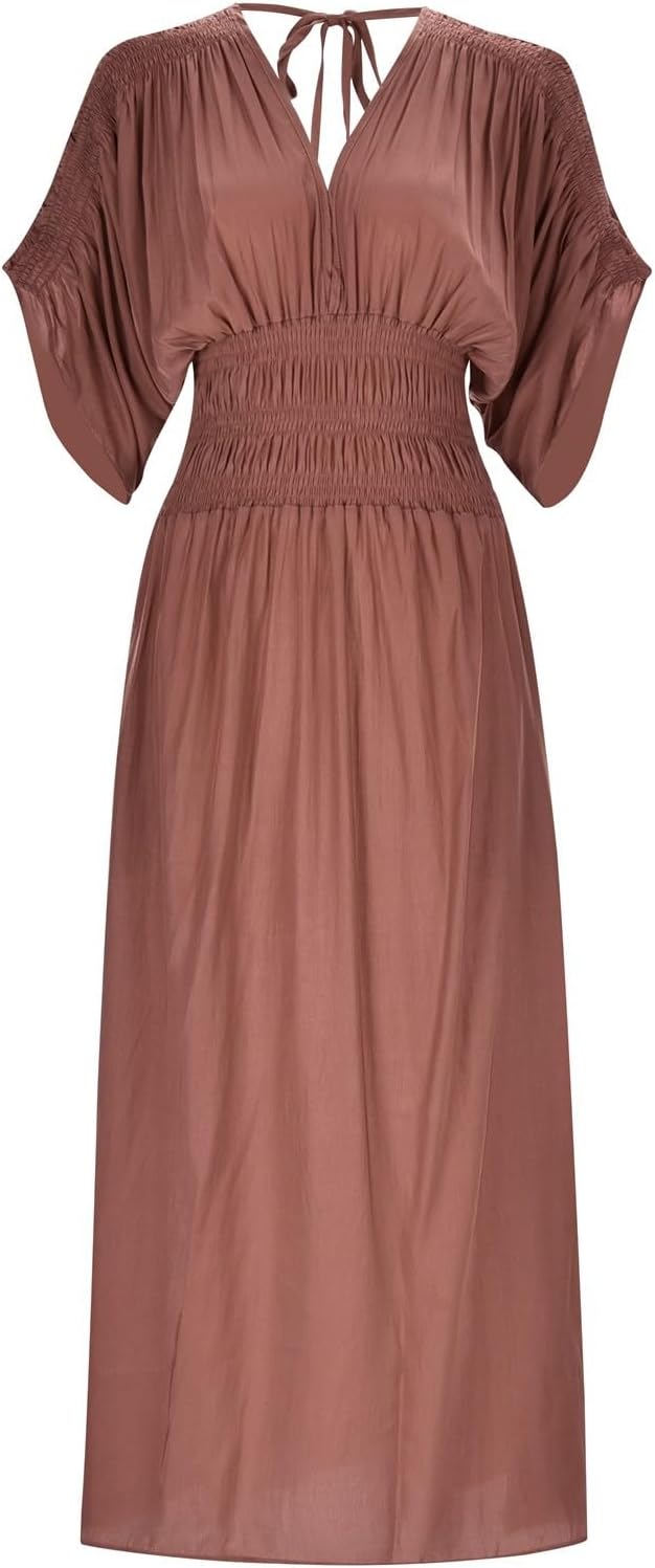 Women's Casual Maxi Dresses Ruffle Sleeve Smocked Dress High Waisted Plus Size Long Dresses Split Flowy Sundress