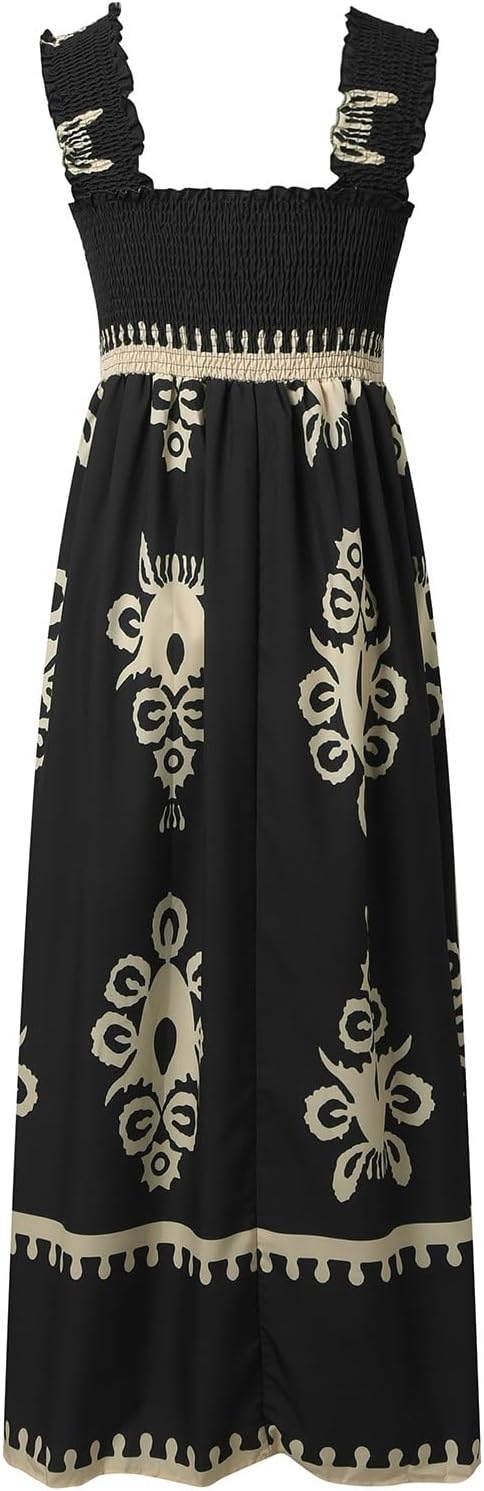 Women's Summer Dresses Sleeveless Casual Boho Maxi Long Dress Square Neck Smocked Floral Beach Vacation Sundresses 3