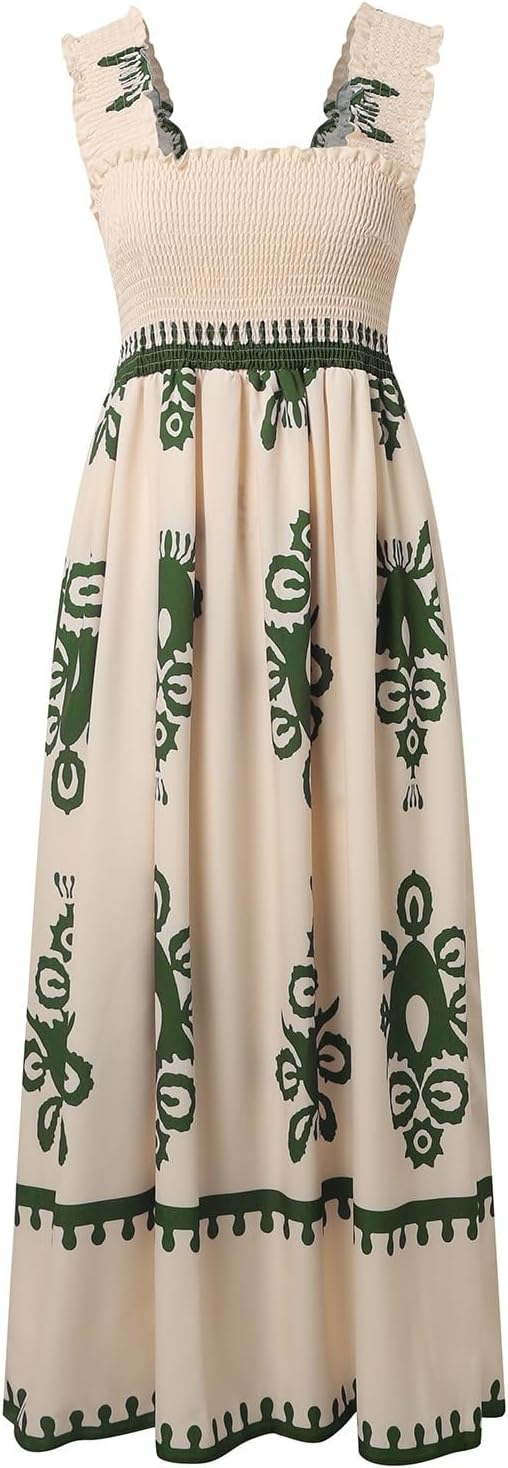 Women's Summer Dresses Sleeveless Casual Boho Maxi Long Dress Square Neck Smocked Floral Beach Vacation Sundresses 3