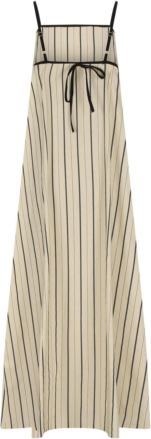 Women's Colorblock Stripe Sleeveless Dress Spaghetti Strap Loose Fit Sling Dresses Summer Mid Calf Length Dress