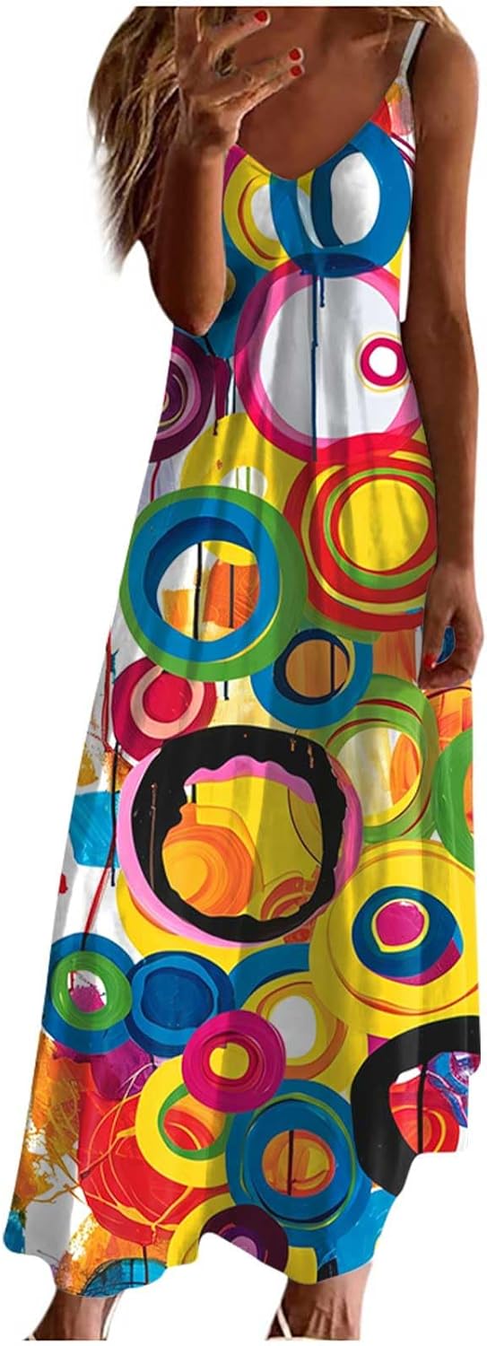 Womens Floral Maxi Dresses Spaghetti Strap Casual Summer Long Dress Vneck Flowy Boho Beach Sundress Vacation Outfits
