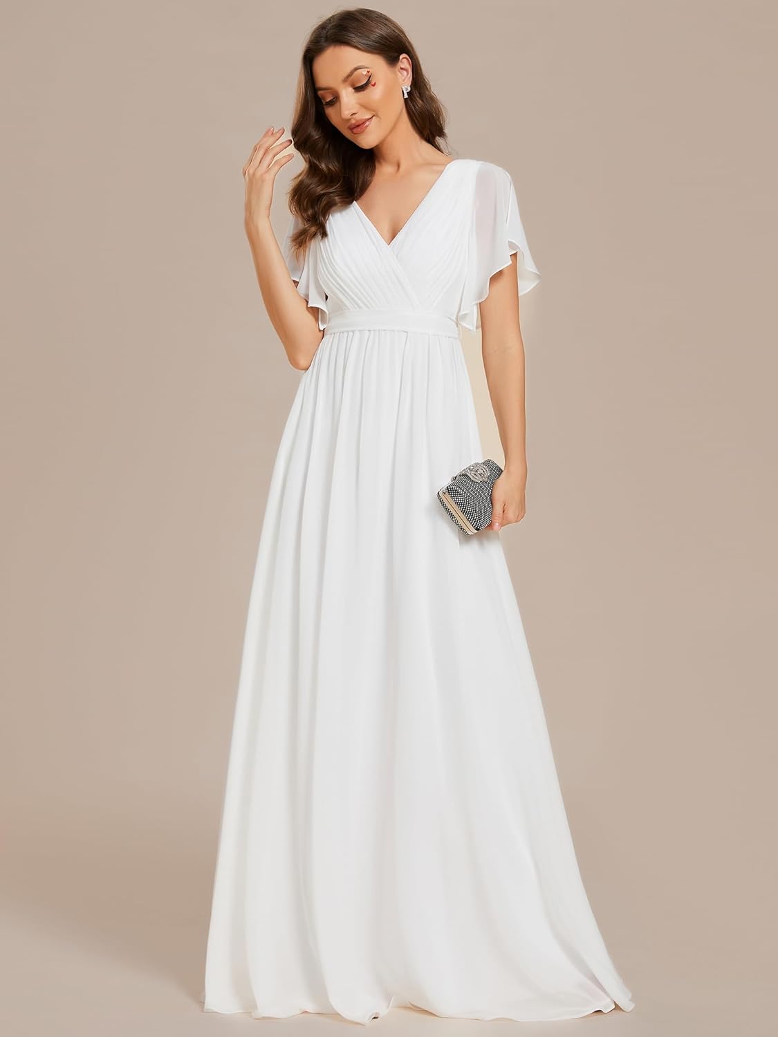Ever-Pretty Women's Bridesmaid Dress V-Neck Ruffle Sleeves Ruched Bust Floor Length Chiffon Formal Dresses 0164A