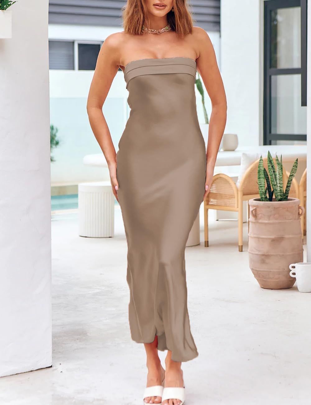 Realtix Satin Silk Backless Tube Tops Maxi Dress for Women Low Back Hollow Out Elegant Strapless Long Dresses Wedding Guest