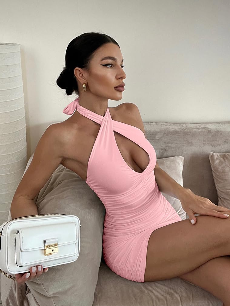 BEAGIMEG Women's Sexy Bodycon Sleeveless Criss Cross Ruched Halter Mini Dress Party Club Dress