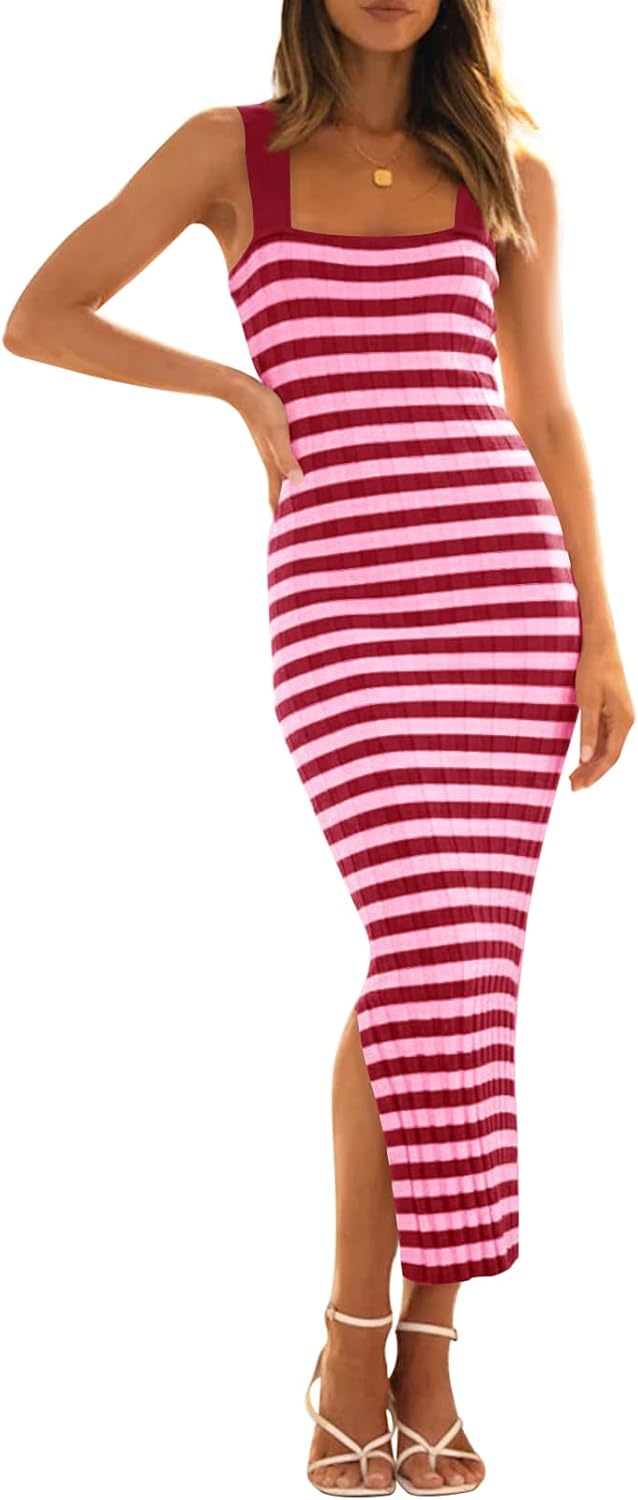 MEROKEETY Women's 2025 Summer Spring Bodycon Midi Dress Vacation Sleeveless Ribbed Knit Striped Party Sweater Dresses