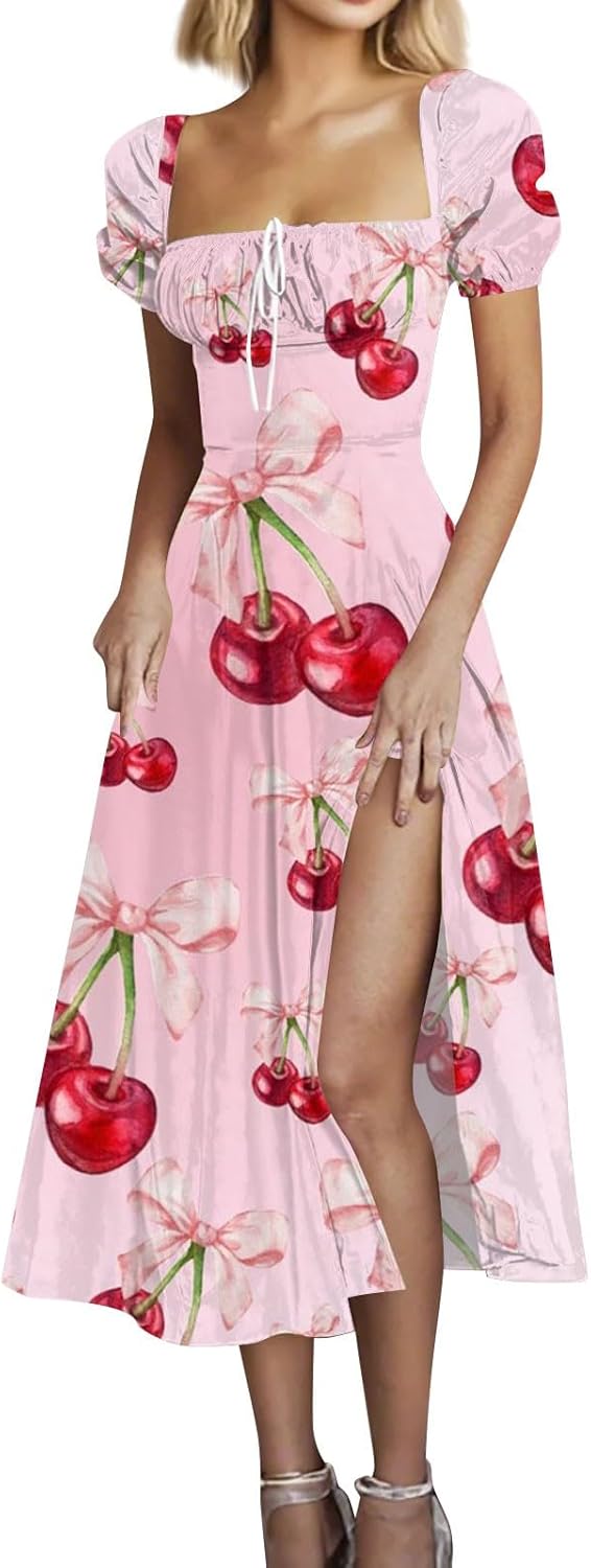 Women's Sundresses 2025 Summer Casual Loose Trendy Bubble Sleeve Square Neck Split Bow Floral Print Dress Plus Size, XS-3XL