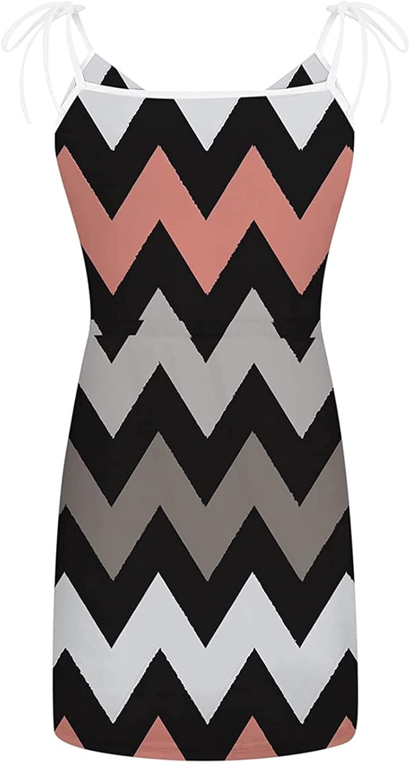 Women Summer Casual Striped Dress Drawstring Waist Tie Knot Mini Dresses Short Sleeve V Neck Tank Dress with Pocket