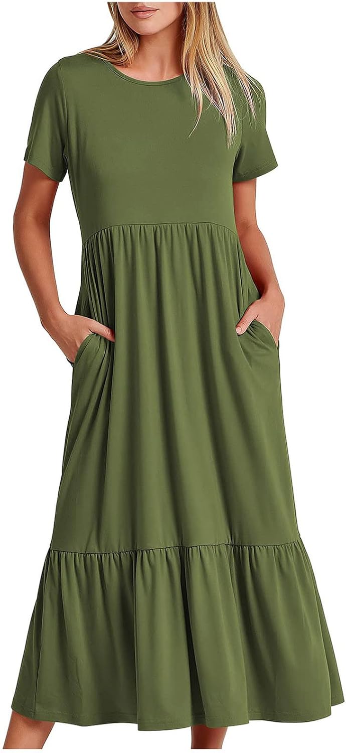 XUNRYAN Summer Dresses for Women 2024 Casual Calf Length Maxi Dress Pleated Flowy Tiered Swing Beach Sundress with Pockets