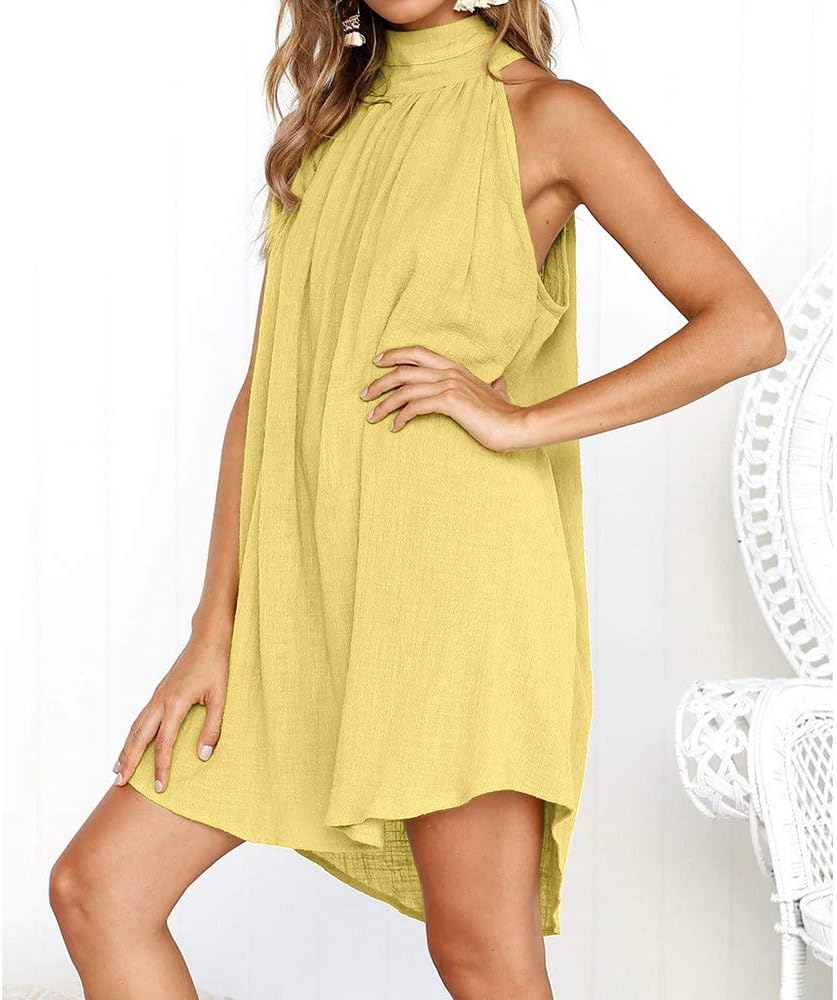 Sun Dresses for Women 2025 Vacation Halter Neck Solid Summer Casual Sundress Elegant Pleated High Low Mini Dresses