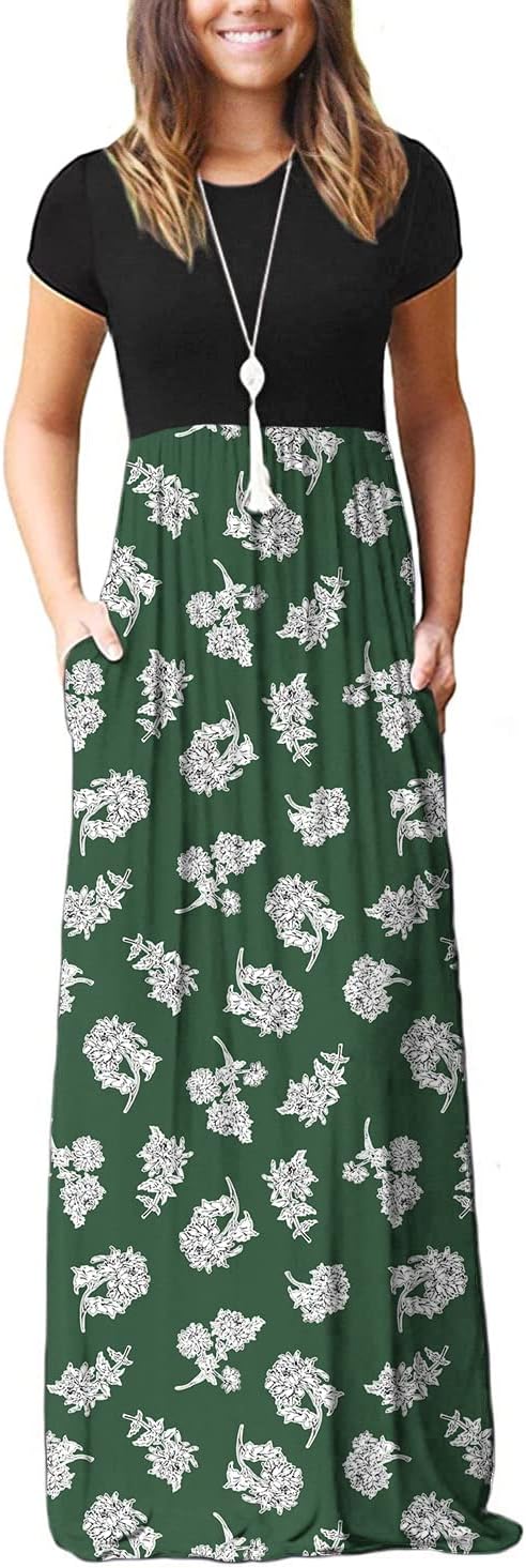 DEARCASE Maxi Dress for Women Short Sleeve Casual Summer Loose Plain Comfy Long Dresses with Pockets