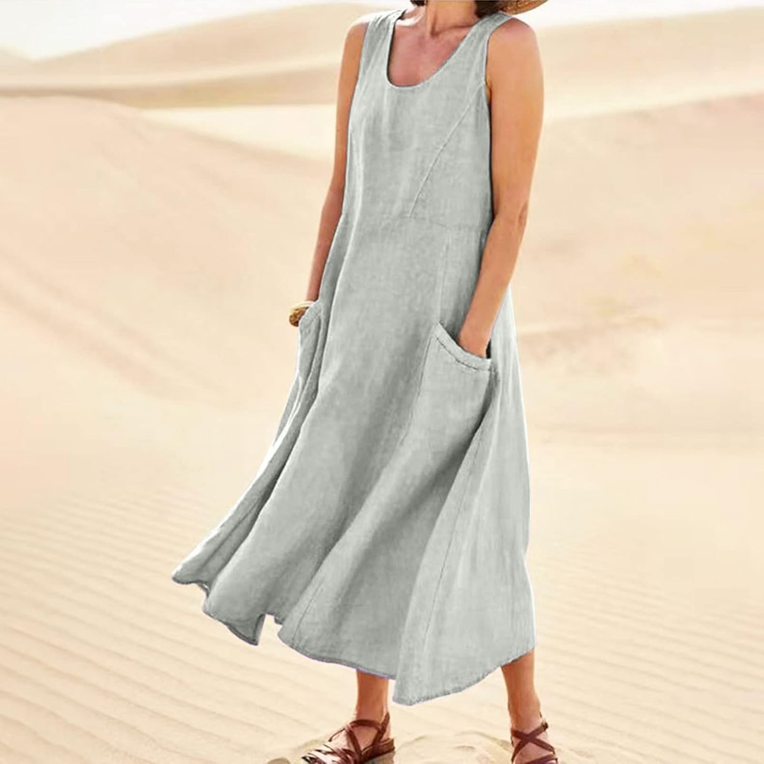 Women's Casual Sleeveless Dresses, Cotton Linen Pocket Dresses Summer Dresses for Women 2024 Sundresses Beach Dress