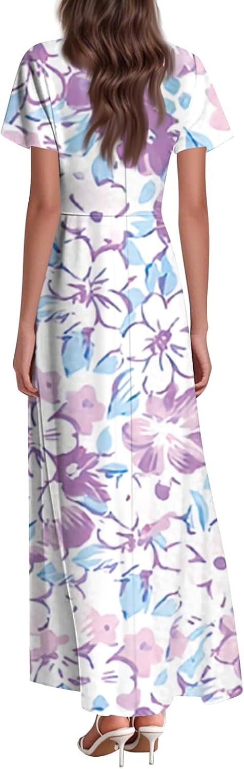 Womens Fashion V Neck Ruffle Short Sleeve Maxi Dress 2025 Summer Elegant Solid Color Flowy A Line Dresses