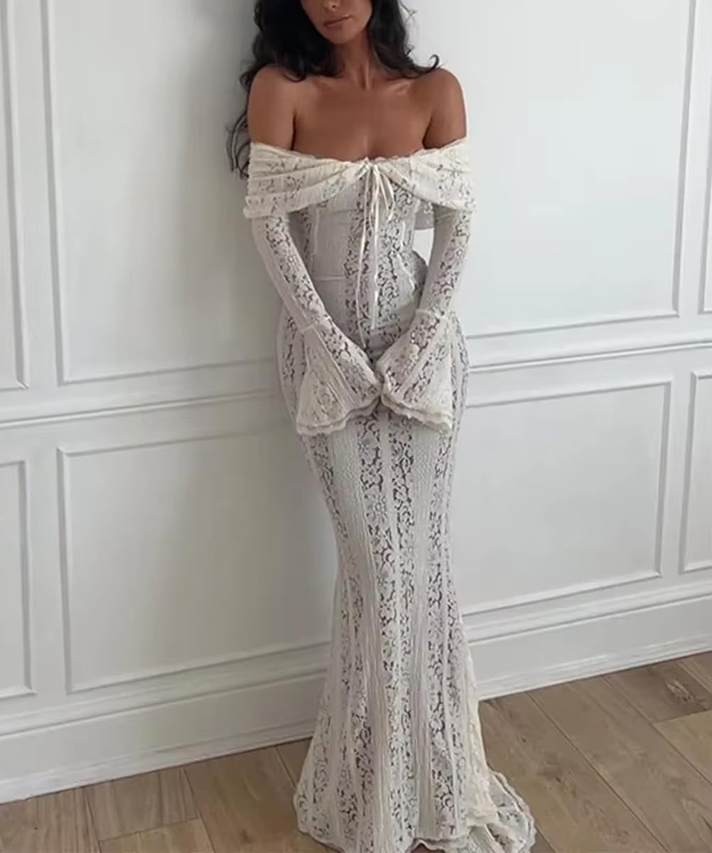 Autumn Elegant Off Shoulder Lace Maxi Dress White Women Long Sleeve Evening Party Dresses for Date Nights