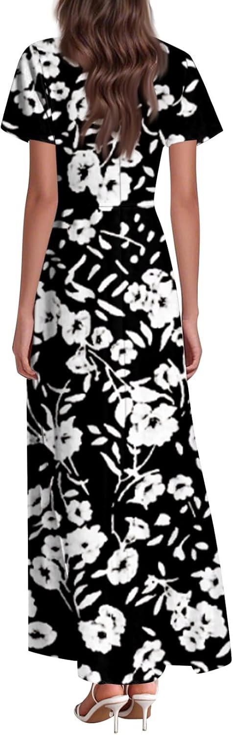 Womens Fashion V Neck Ruffle Short Sleeve Maxi Dress 2025 Summer Elegant Solid Color Flowy A Line Dresses