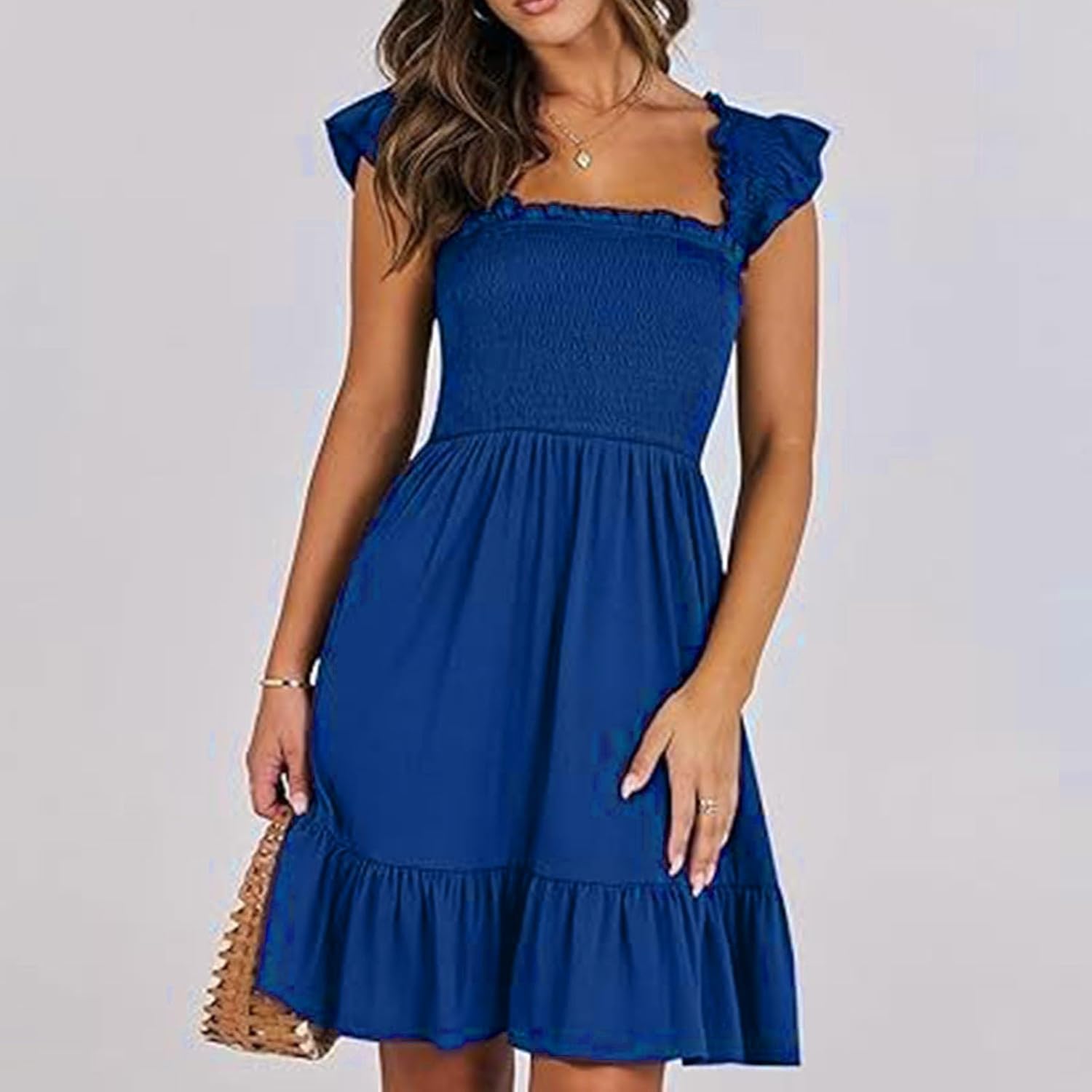 Women Summer Casual Sleeveless Square Neck Smocked Ruffle Backless Boho Mini Dress Flowy Beach Cute Swing Dress