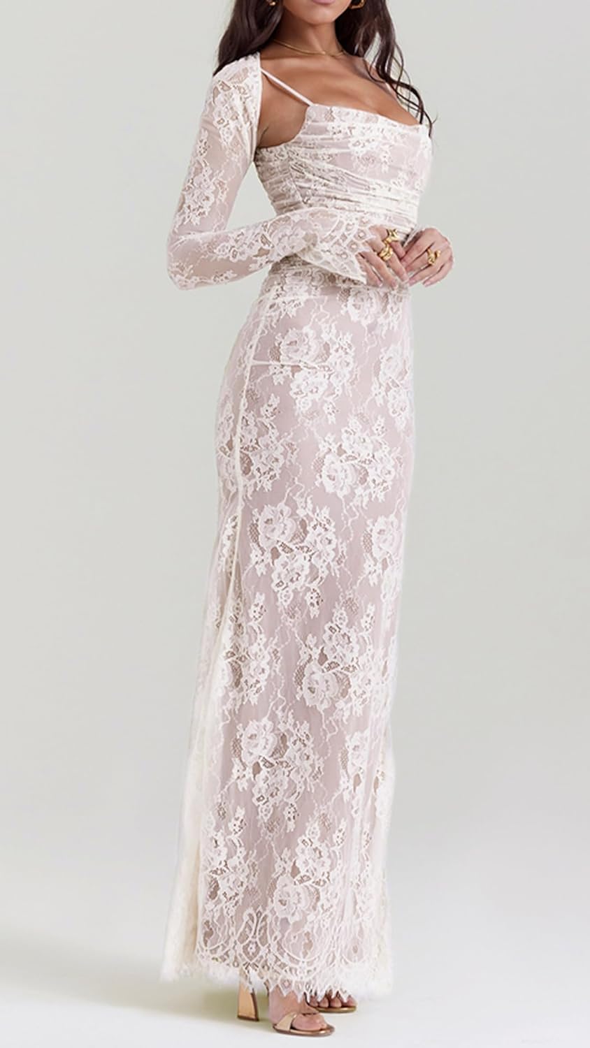 Women Vintage Cream Lace Maxi Dress Romantic Long Sleevees Lace Bodycon Dress