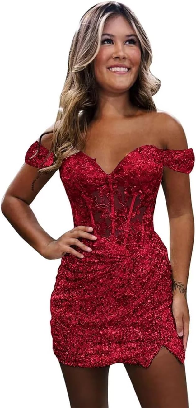 Sparkly Off Shoulder Sequin Homecoming Dresses 2025 Short Tight Mermaid Cocktail Dress Teens HOCO Corset Gowns