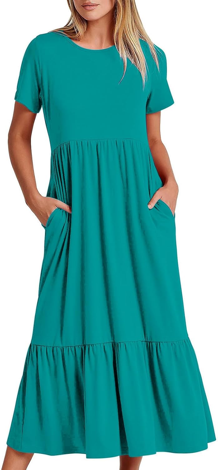 XUNRYAN Summer Dresses for Women 2024 Casual Calf Length Maxi Dress Pleated Flowy Tiered Swing Beach Sundress with Pockets