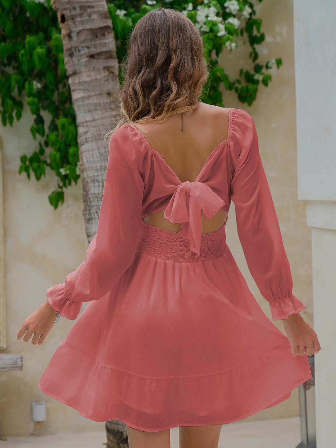 EXLURA Women's 2025 Casual Long Lantern Sleeve Dresses Square Neck Ruffle Tie Back Elastic Waist Aline Short Mini Dress