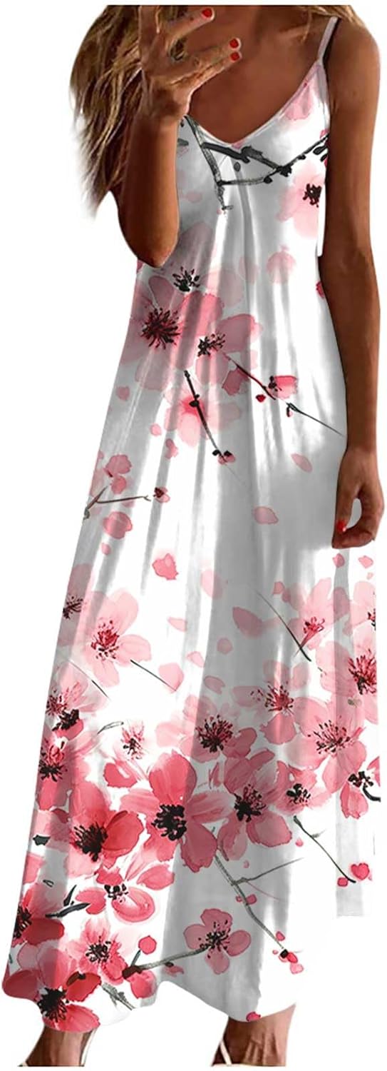Womens Floral Maxi Dresses Spaghetti Strap Casual Summer Long Dress Vneck Flowy Boho Beach Sundress Vacation Outfits