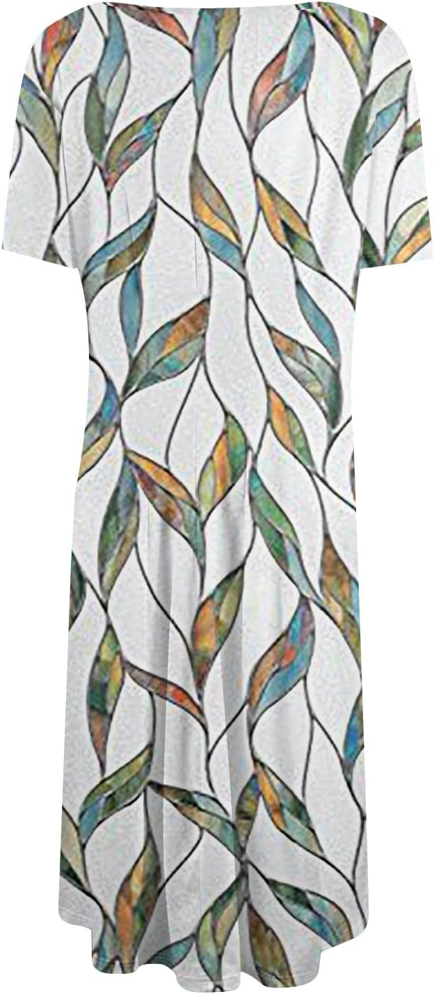 Summer Dresses for Women 2025 Crew Neck Short Sleeve Boho Beach Vacation Floral/Solid Midi Sundresses with Pockets