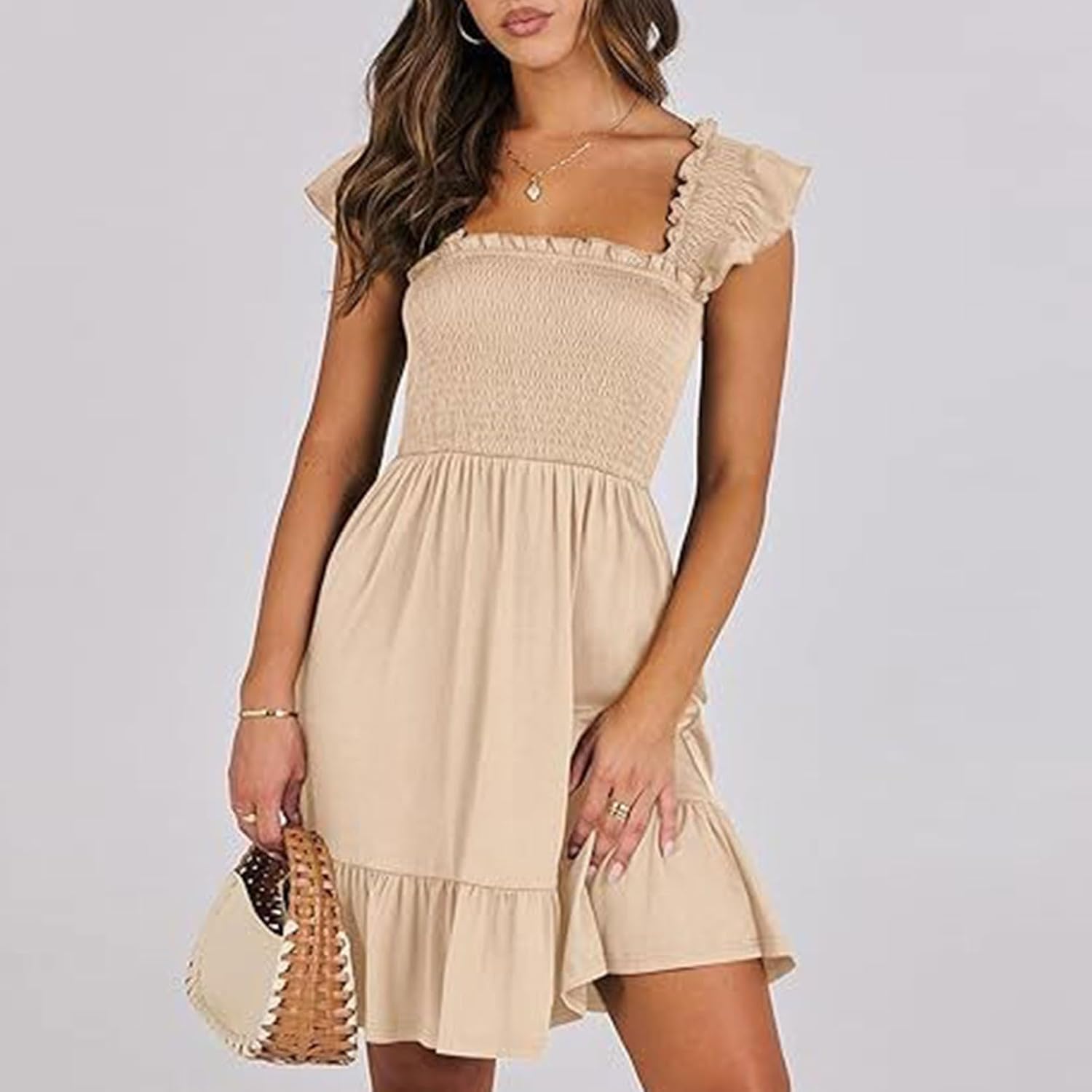 Women Summer Casual Sleeveless Square Neck Smocked Ruffle Backless Boho Mini Dress Flowy Beach Cute Swing Dress