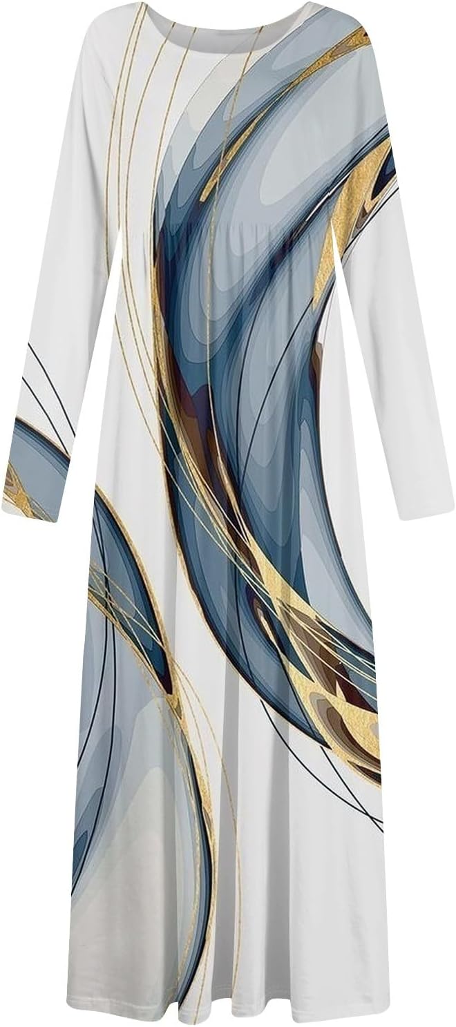 Long Sleeve Maxi Dress for Women Elegant Crew Neck Flowy Swing Dresses Solid Color Wedding Guest Dresses