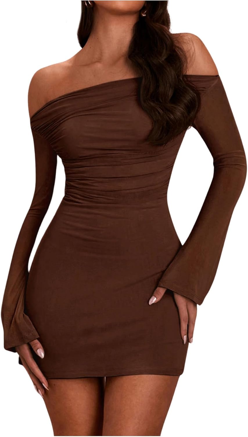 SOLY HUX Women's Ruched Off The Shoulder Bodycon Mini Dress Long Sleeve Party Dresses