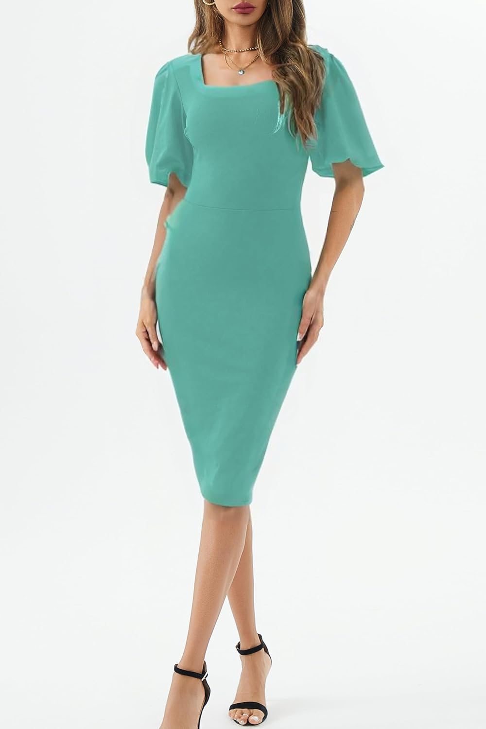 Womens Summer Dresses Square Neck Lantern Sleeve Bodycon Pencil Midi Dress