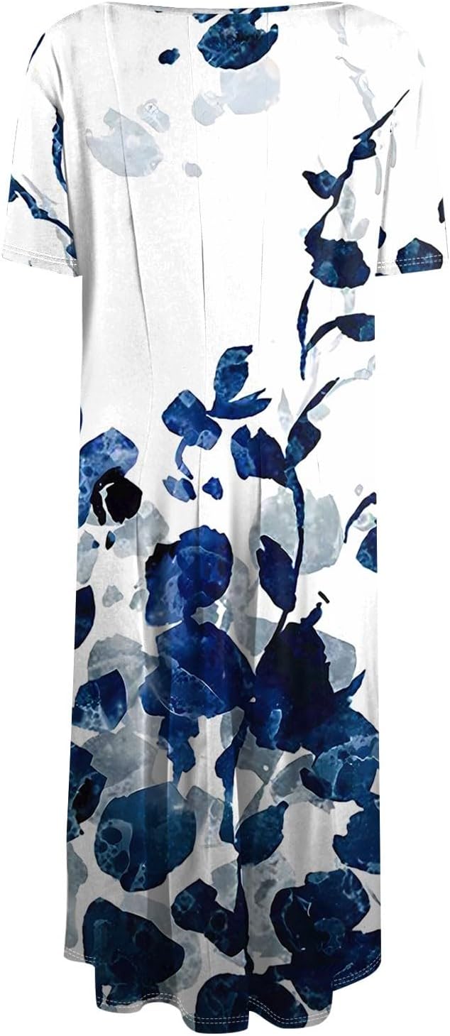 Summer Dresses for Women 2025 Crew Neck Short Sleeve Boho Beach Vacation Floral/Solid Midi Sundresses with Pockets