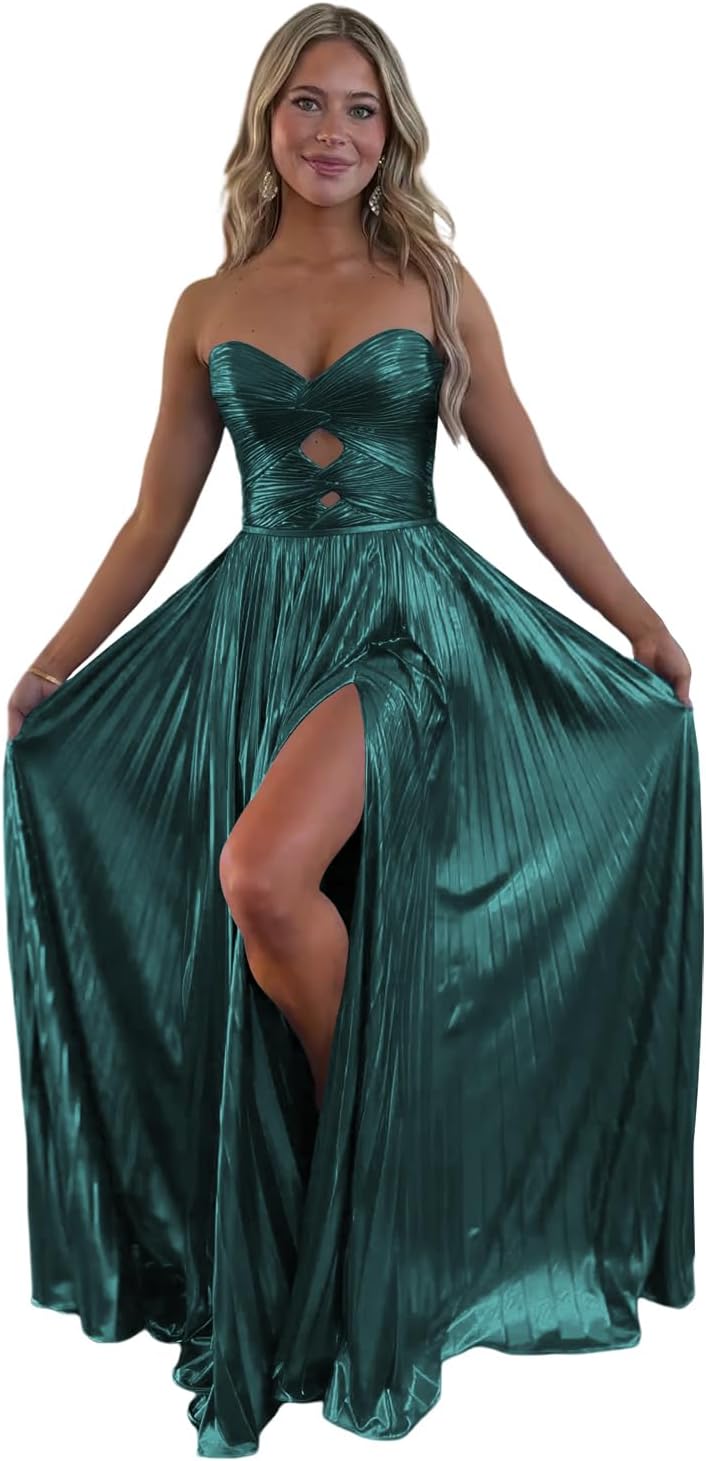 Loyeloy Sparkly Metallic Prom Dresses with Slit A Line Keyhole Satin Long Prom Ball Gowns for Women