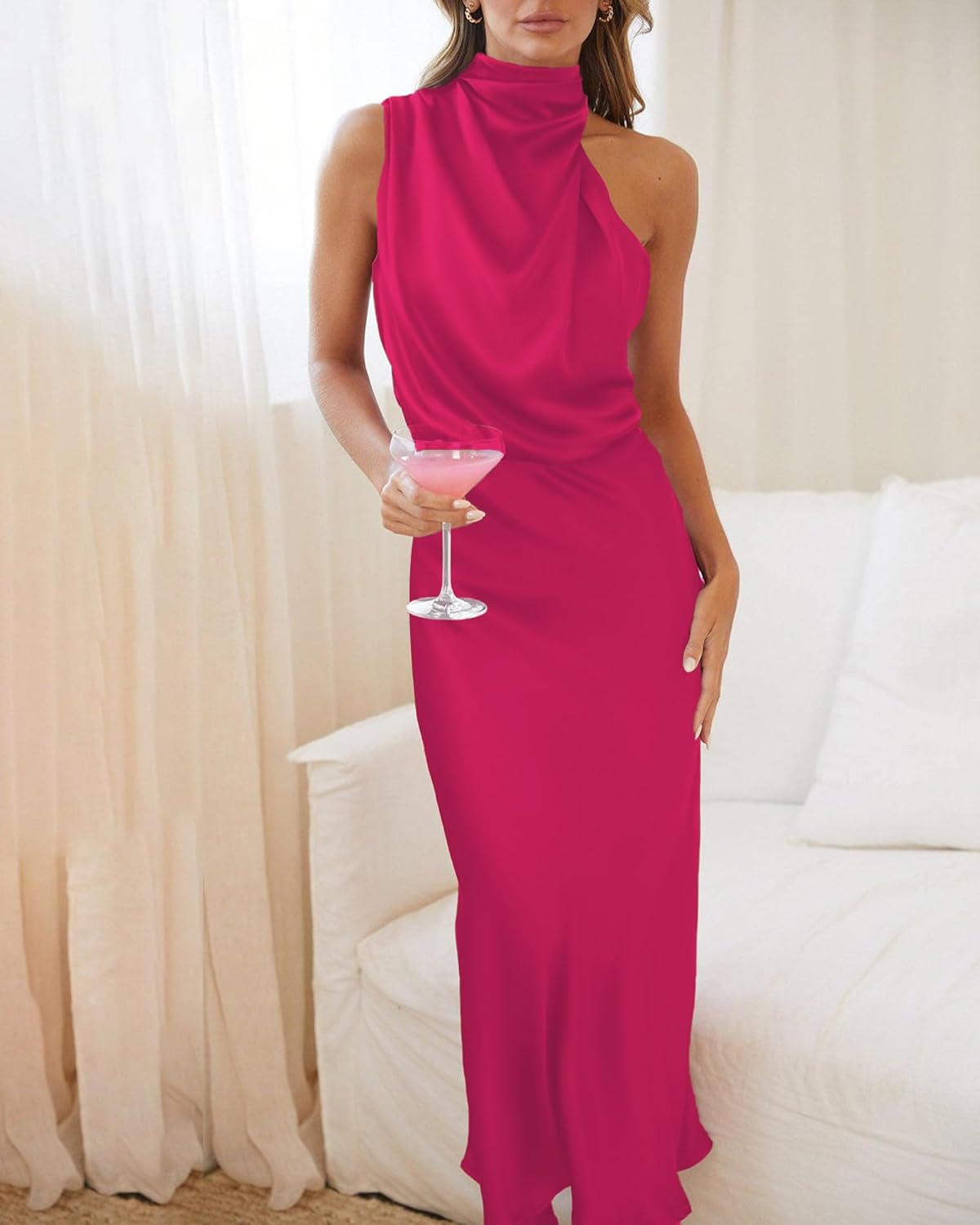 BTFBM Womens Sleeveless Cocktail Dresses Mock Neck Keyhole Elastic High Waist Evening Party Maxi Wedding Guest Dress