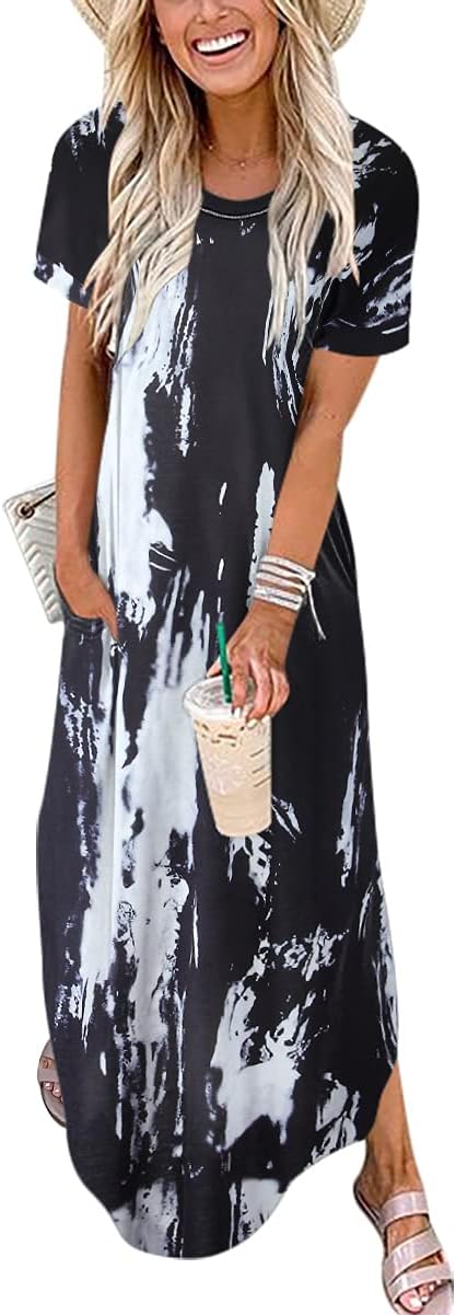 ANRABESS Women's Summer Casual Loose Short Sleeve Long T Shirt Dress Split Maxi Beach Sundress Travel Vacation Outfits