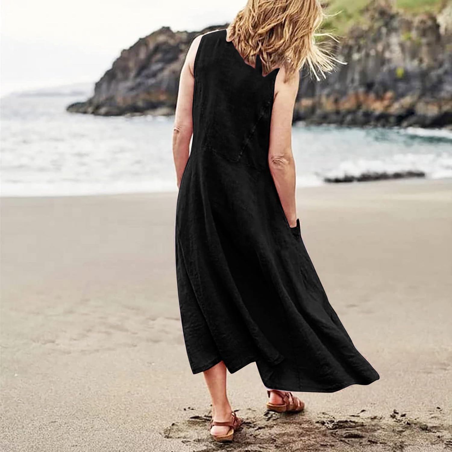 Women's Casual Sleeveless Dresses, Cotton Linen Pocket Dresses Summer Dresses for Women 2024 Sundresses Beach Dress